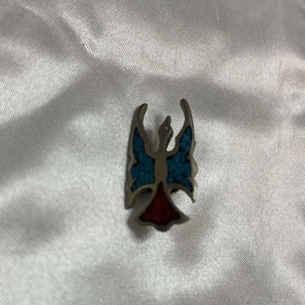 Silver Rain Peyote Bird Phoenix Turquoise & Coral Inlay Brooch Pin